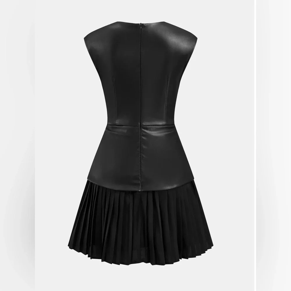 Commense Pleated Panel Sleeveless Faux Leather Dress - Picture 5 of 7